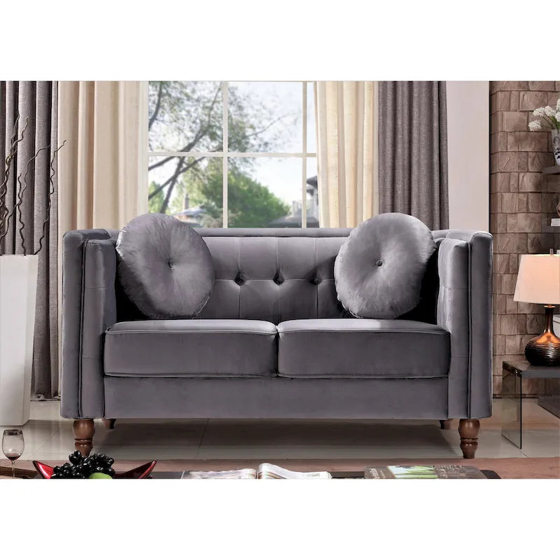 Crushed Velvet Loveseat with Button-Tufted Back and Bolster Pillows
