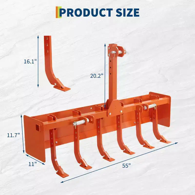 55 Box Blade Tractor Attachment Category 1 Cat 0 Scarifier Shank Great, 6 Adjustable Shanks for Leveling, Grading, Landscaping