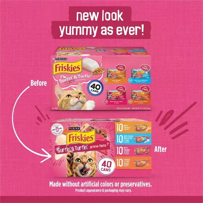 Purina Friskies Prime Filets Surfin' & Turfin' Favorites Chicken, Seafood, Tuna, Salmon, Fish and Beef Flavor Wet Cat Food - 5.5oz/40ct