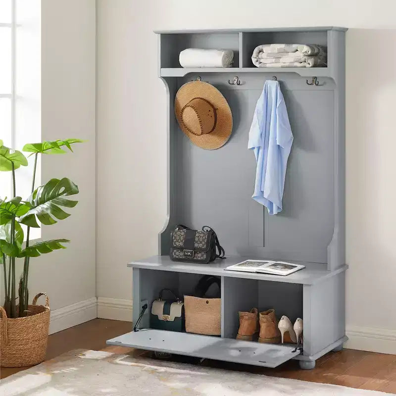 Okak Modern Hall Tree with 4 Hooks, Freestanding Coat Rack with 1 Large Drawer and 2 Shelves, Entryway Storage for Living Room, Hallway, Gray