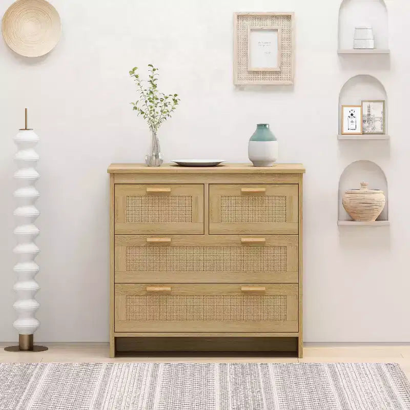 4-Drawer Rattan Dresser, Storage Cabinet with Cane Drawer Fronts, Horizontal Chest for Bedroom, Living Room, Dining Room & Hallway - Panipeachy