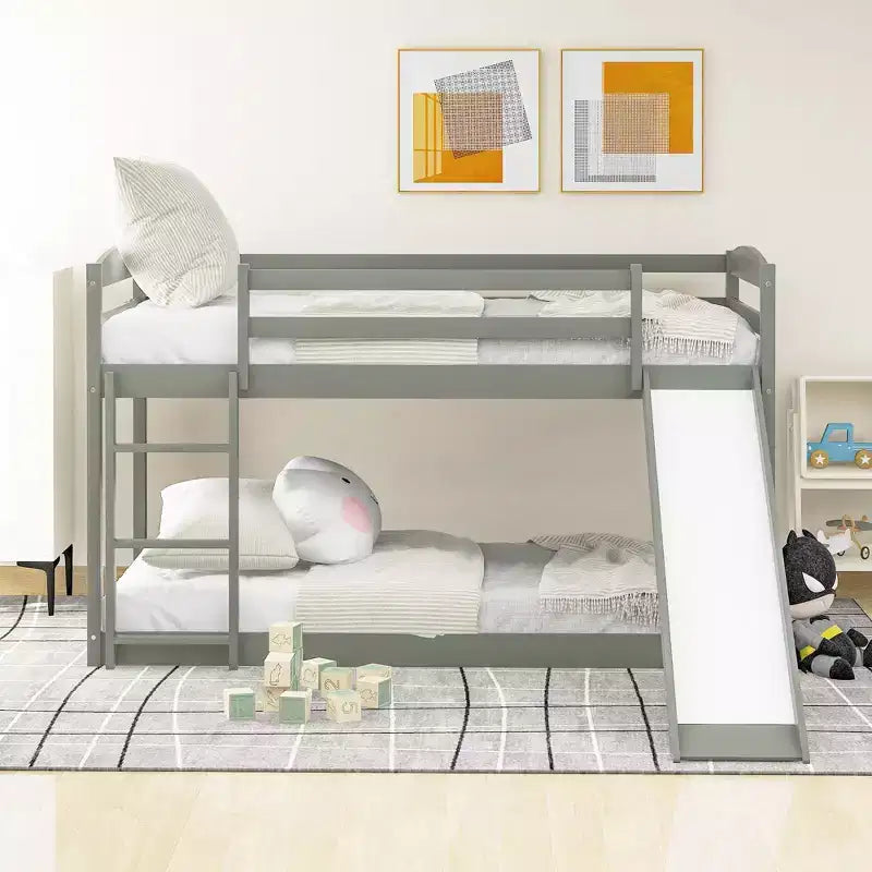 Twin-Over-Twin Kids Bunk Bed with Slide, Ladder & Safety Guardrail – Pine/MDF, 79.3D x 84.4W x 46.5H, Gray