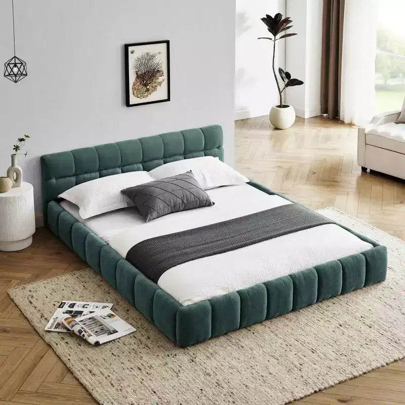MAYEERTY Queen Size Upholstered Bed Frame with Thick Fabric with Headboard Solid Frame for Bedroom Blue