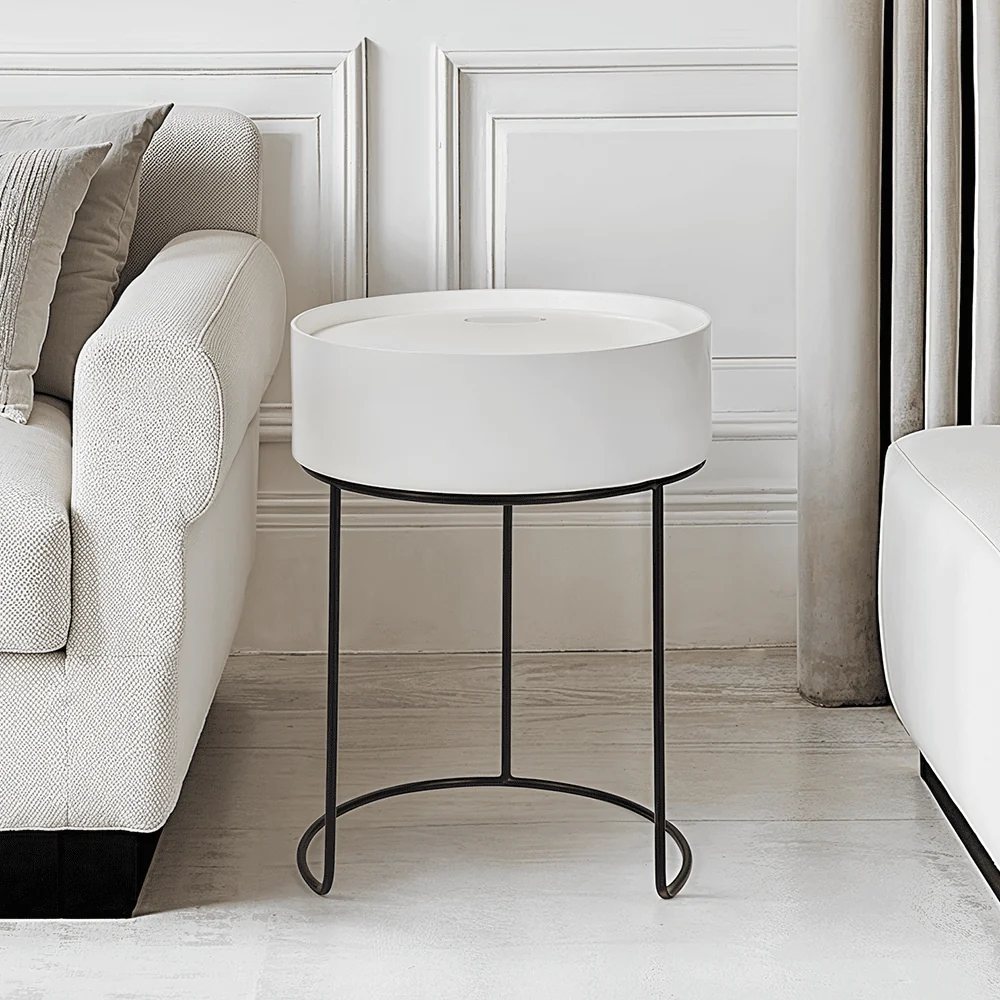 White Wood Veneer & Black Metal Storage Side Table