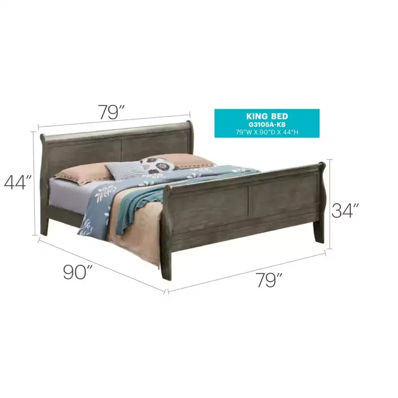Passion Furniture Louis Philippe King Sleigh Wood Bed with High Footboard