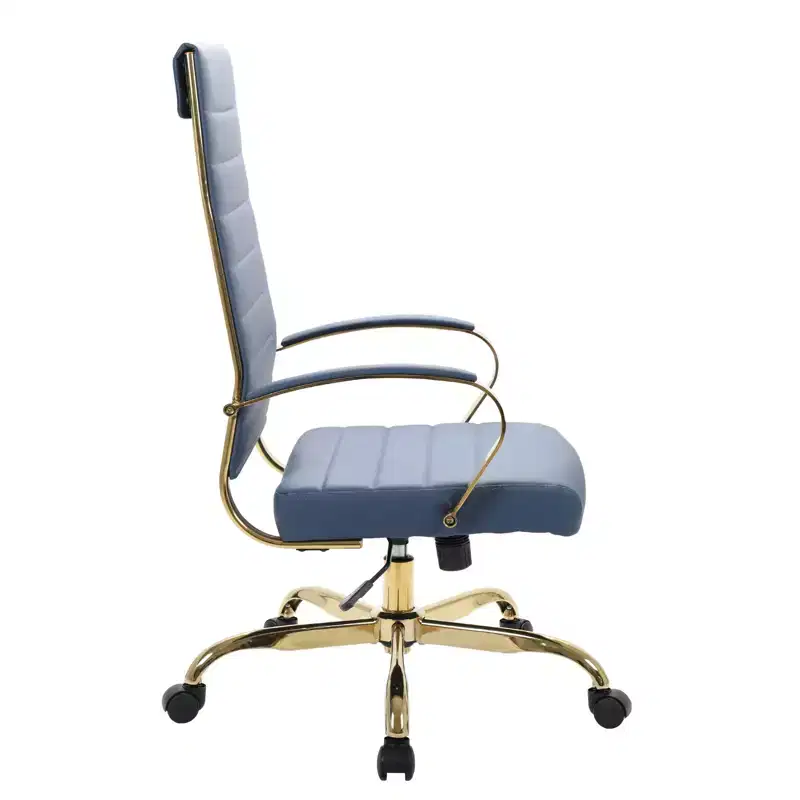 LeisureMod Benmar High-Back Ribbed Leather Office Chair - Modern Swivel & Tilt Executive Desk Chair - Gold Base