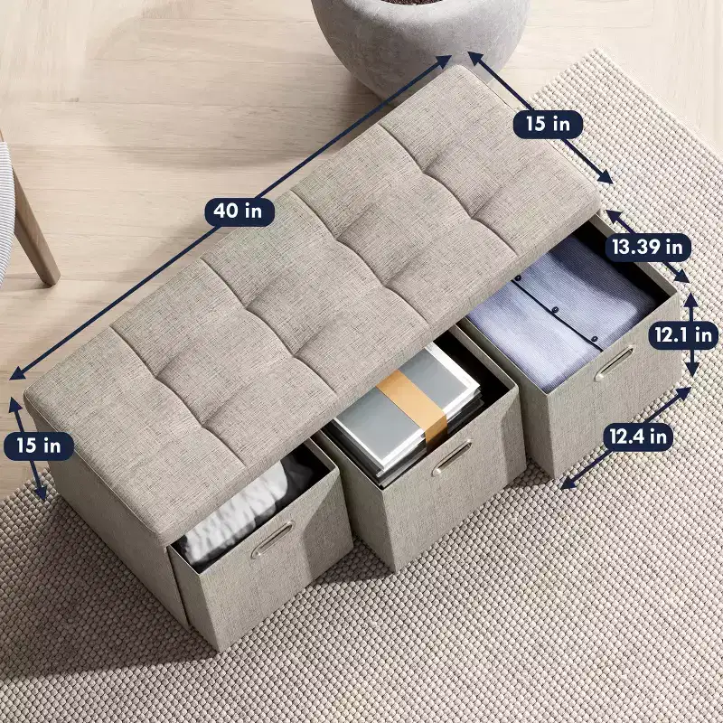 Ornavo Home Collapsible 40 Inch Large Storage Bench Ottoman with Drawers, Perfect for Living Room, Bedroom and Entryway