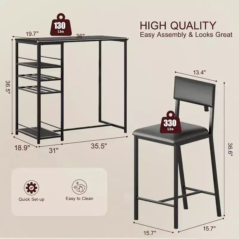 Dining Table Set for 2, High Top Bar Table and Chairs Set, Open Storage Shelves, Built-in Cup Holder & Wine Rack, for Small Kitchens, Apartments