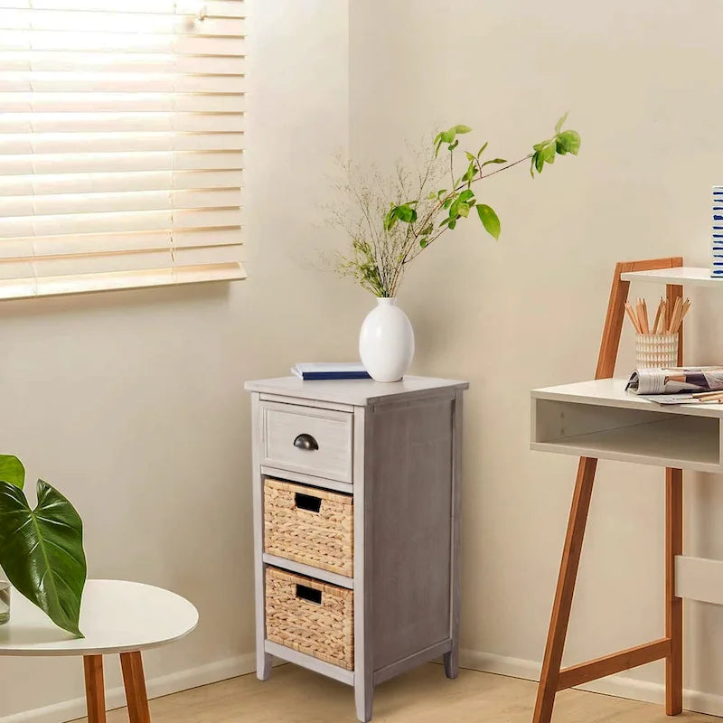 Solid Wood & Water Hyacinth 1-Drawer Grey Accent Cabinet