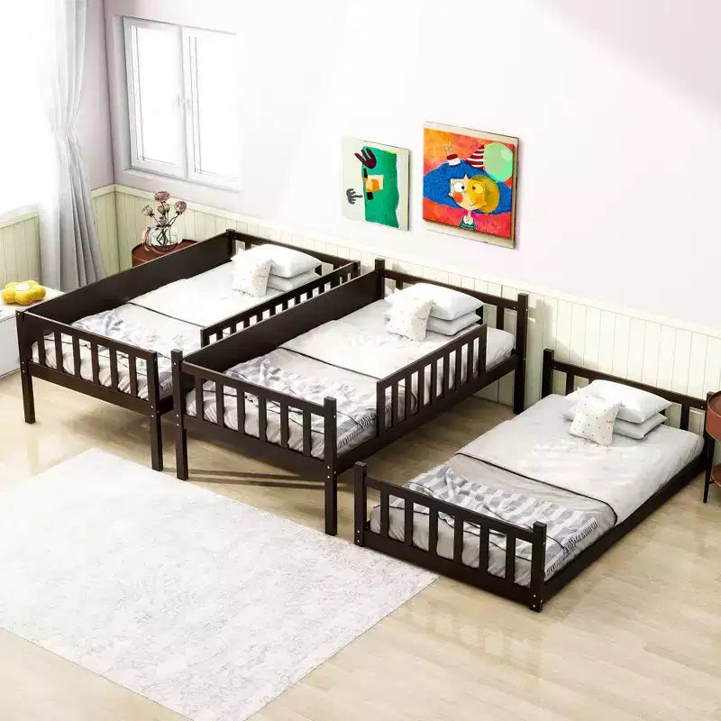 Bellemave Twin Size Triple Bunk Bed with LaddersFull Length GuardrailsRubber Wood Detachable Bunk Beds with Space Saving Design