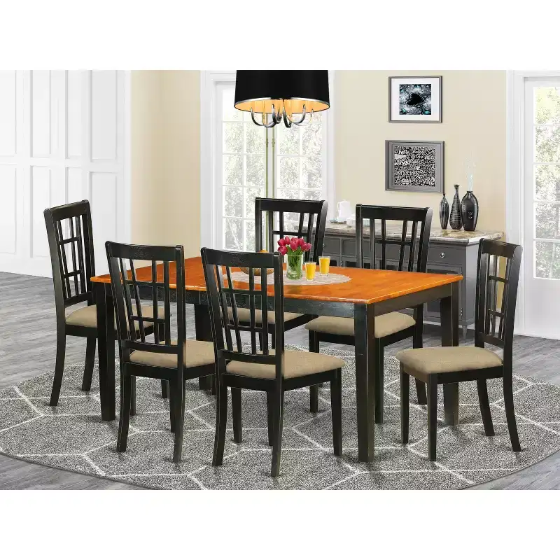 Dining Room Table Set 7 Piece - Rectangular Table with Butterfly Leaf & 6 Kitchen Chairs - Black & Cherry Finish