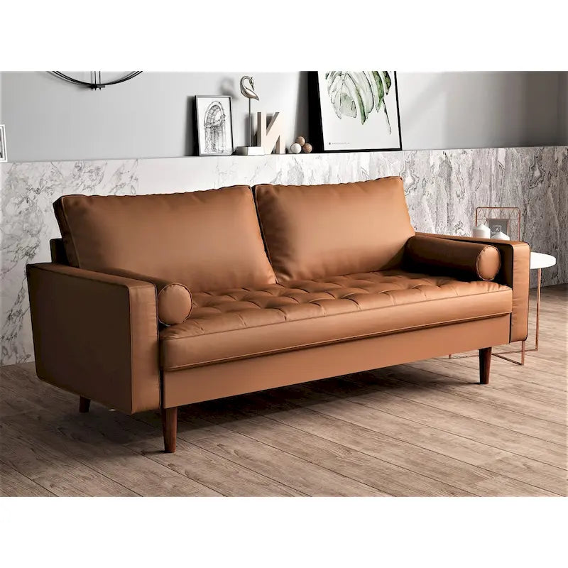 Mid-Century Modern Faux Leather Sofa with Track Arms