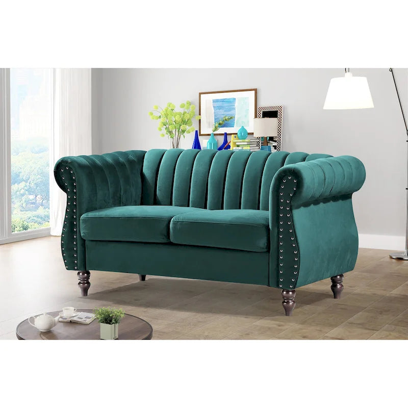 Velvet Chesterfield Rolled Arm Loveseat