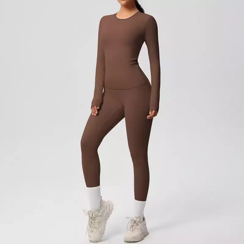 Anna-Kaci Active Women's Long Sleeve Crew Neck Top and High Waist Leggings Set with Slim Fit Design