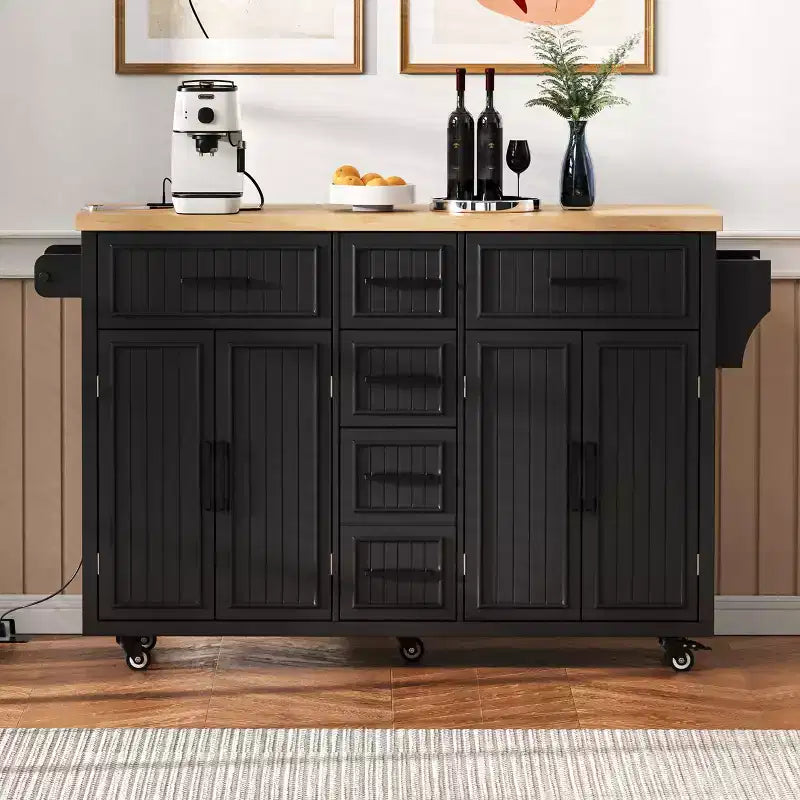 56.5 Rustic Kitchen Island with Power Outlet - Rolling Cart w/ Drop Leaf, 4 Doors & 5 Drawers, Adjustable Shelves & Wheels