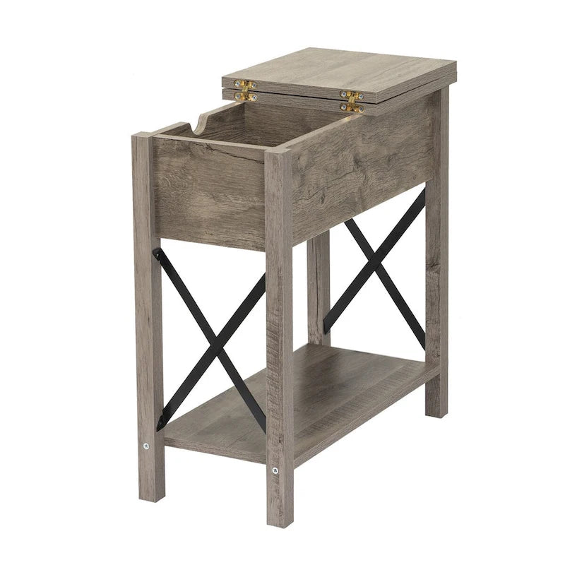 Farmhouse Flip Top End Table with Drawer, 2 AC Outlets & 2 USB Ports