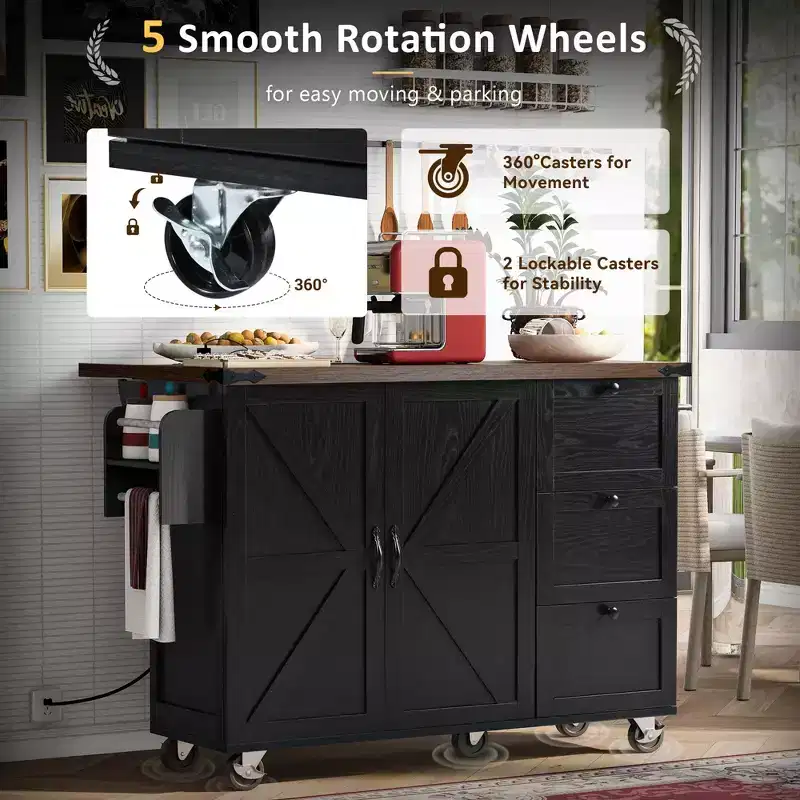 Whisen Farmhouse Style Kitchen Cart Island with Drop Leaf and Locking Wheels