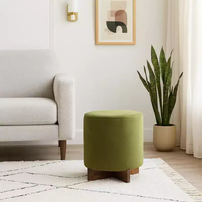Decorative Velvet Ottoman with Wood Base for Home Decor - Modern Ottoman for Vanity Chair, Bedroom Stool, or Office Decor - 19, Green & Brown