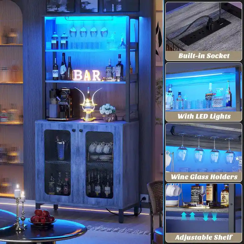 67-Inch Tall Wine Bar Cabinet with LED Lights, Glass Holder and Power Outlets