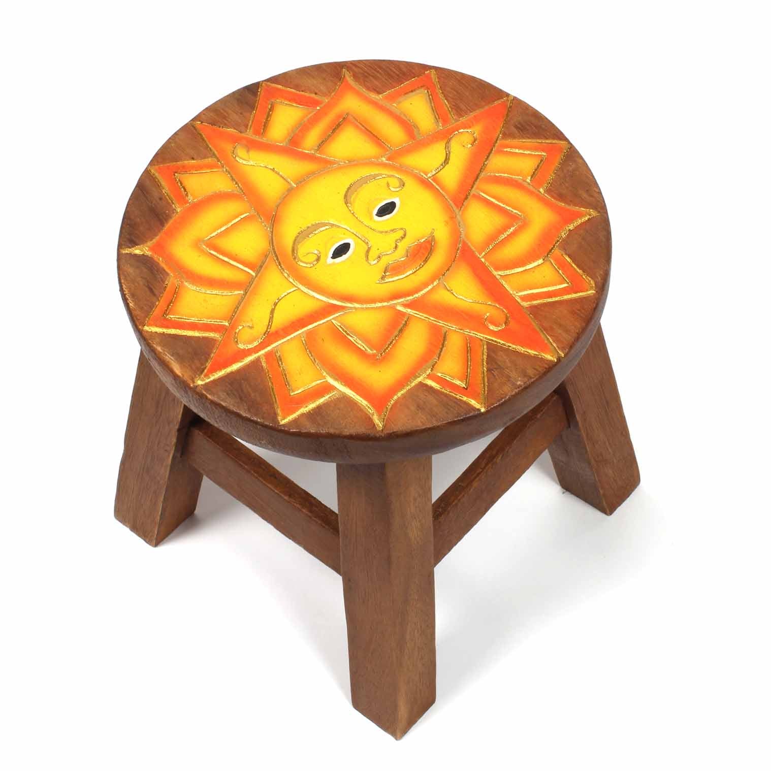 Sun Face Carved Raintree Wood Stool
