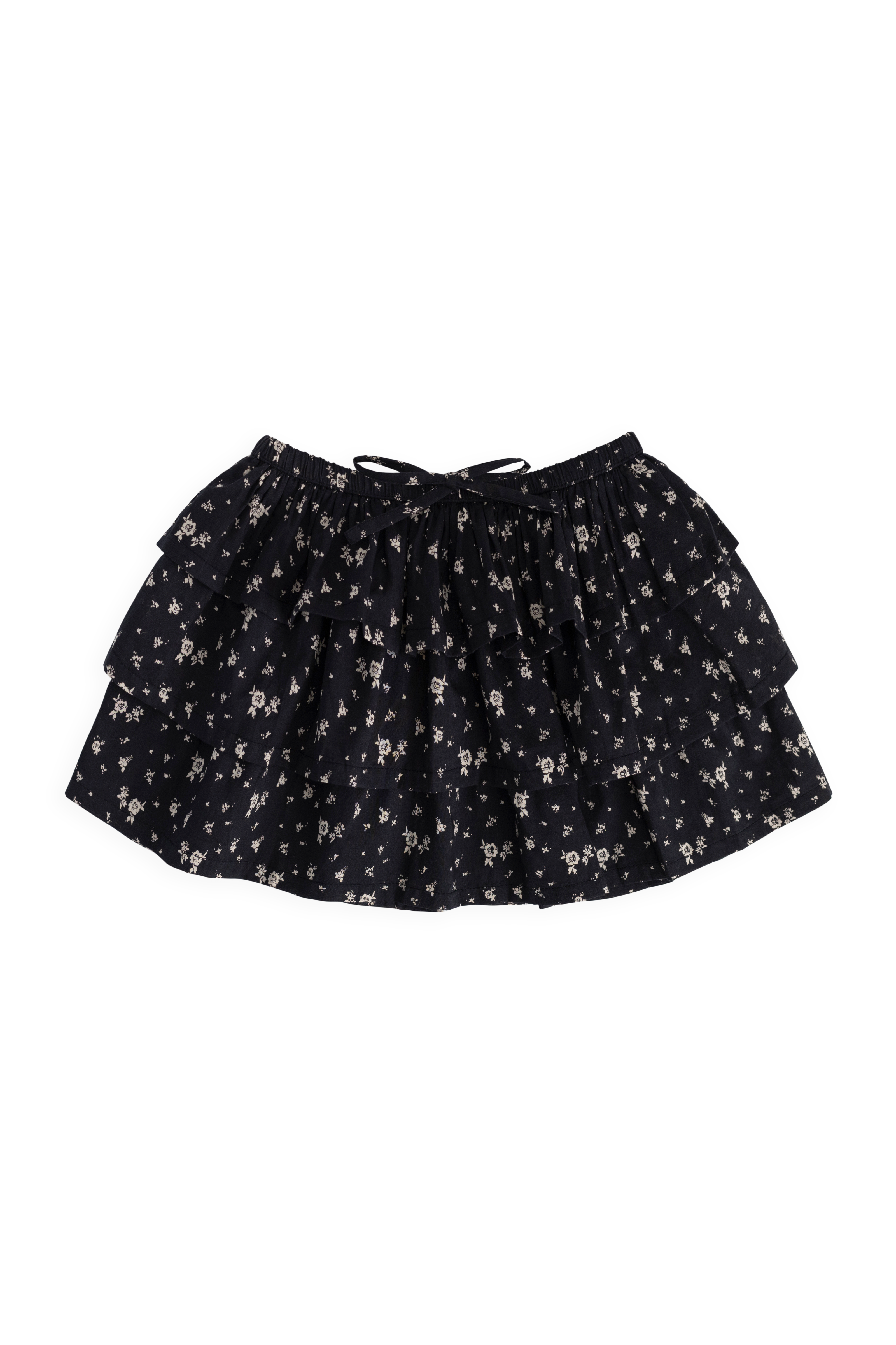 Botanical Graphite Scattered Floral Print Organic Cotton Tiered Skirt with Frill Layers & Elasticated Tie Waist for Girls Spring-Summer (1Y�C10Y)