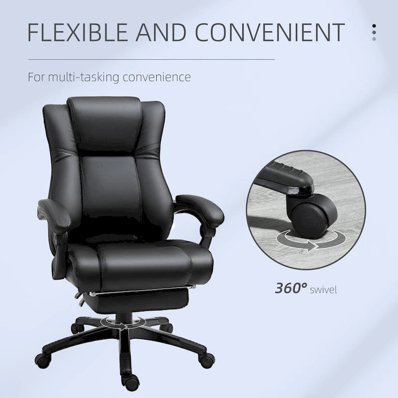 Executive Home Office Chair Padded High Back PU Leather Recliner with Retractable Footrest, Adjustable Height, Black