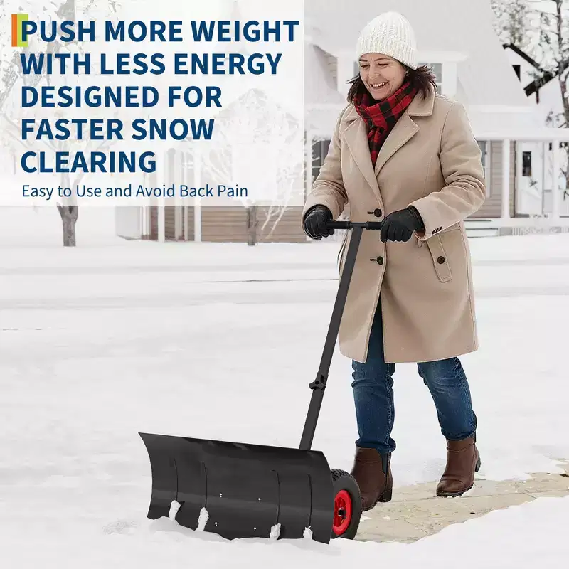 Snow Shovel with Wheels,Heavy Duty Snow Pusher for Driveway, Ergonomic Snow Pusher Shovel with Snow Removal Adjustable Angle & Height Handle