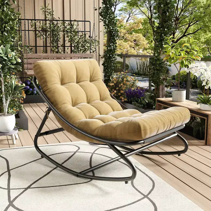 Oversized Tan Papasan Rocking Chair C 450 LBs Support with Thick Cushion for Indoor/Outdoor Use in Bedroom/Living Room/Porch/Garden/Patio