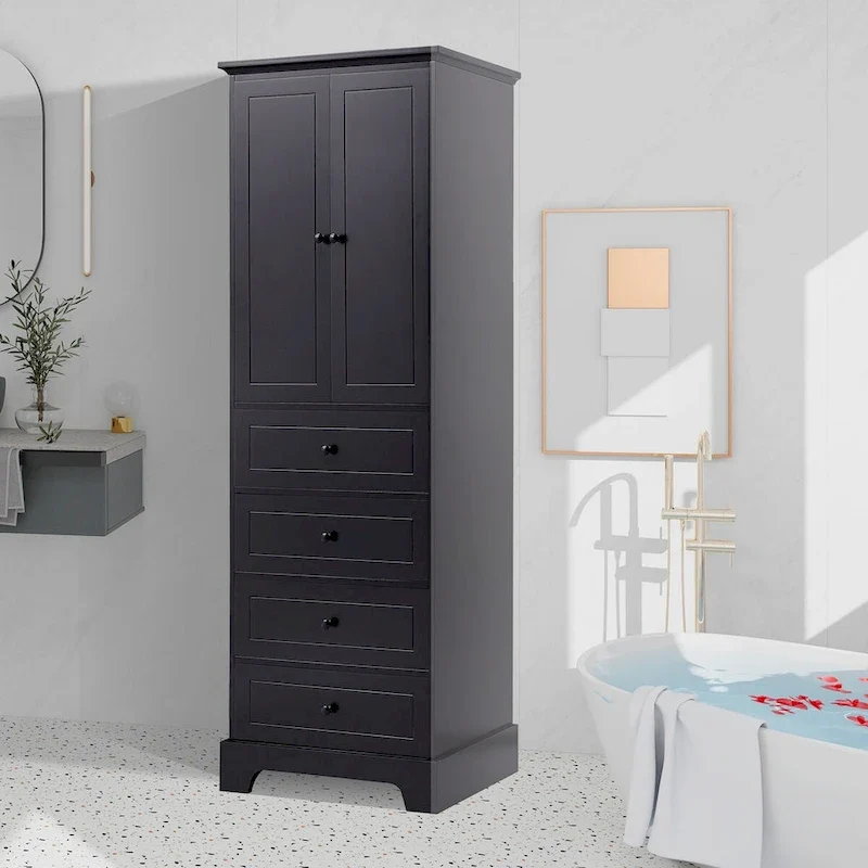 Freestanding Storage Cabinet with 2 Doors and 4 Drawers - Black