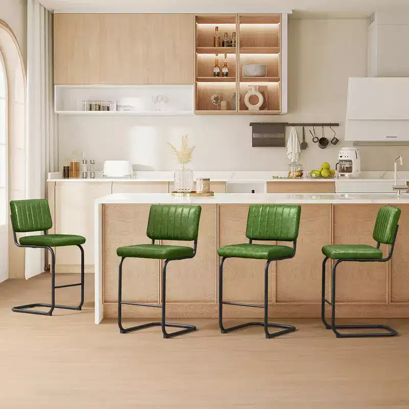 HOMLUX Upholstered Set of 2 Cantilever PU Leather Counter Height Barstool with Black Metal LegsOlive Green