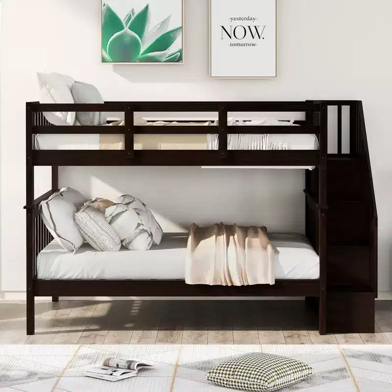 Full over Full Bunk Beds with Stairs, Wooden Full Stairway Bunk Bed with Storage & Guard Rail for Dorm