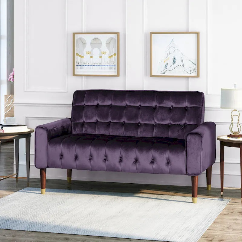 Mid-Century Modern Tufted Velvet Loveseat with Gold Tapered Legs