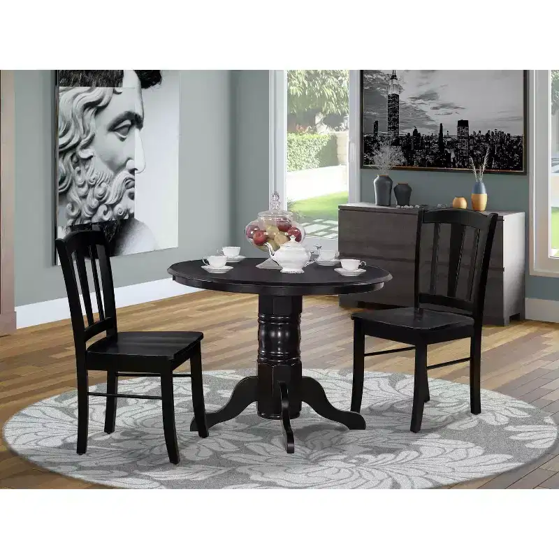 Modern 3Pc Dinette Set - Round Dining Table with 2 Wooden Chairs - Black Finish Kitchen Table Set