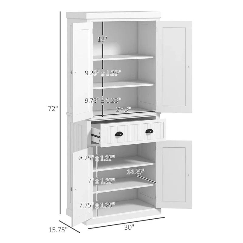 72 Kitchen Pantry Storage Cabinet, Traditional Freestanding Cabinet with 4 Doors and 3 Adjustable Shelves, Large Central Drawer