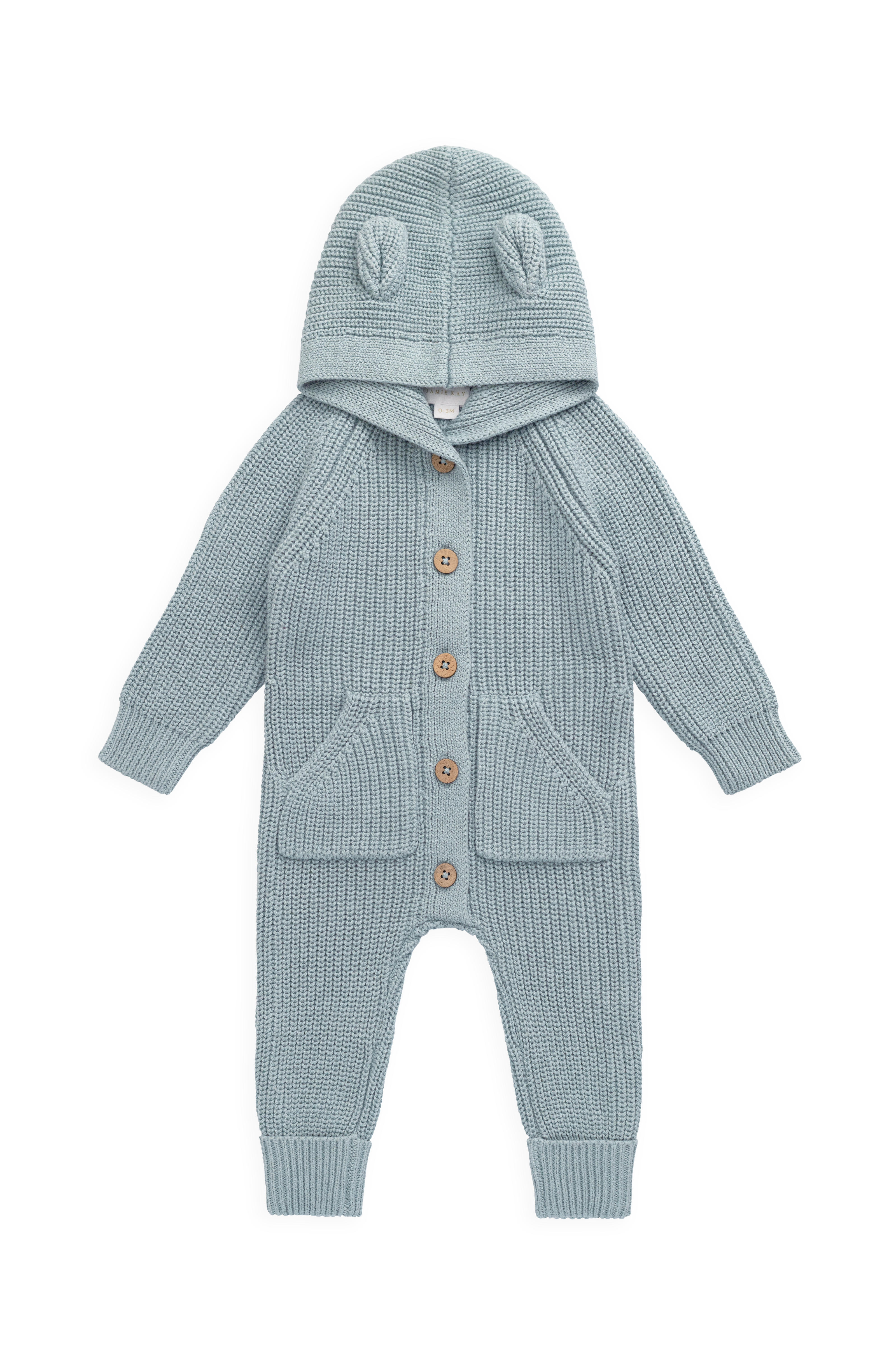 Playful Dusty Blue Bear Ear Hooded Cotton Knit Onepiece with Button-Down Front & Front Pockets for Baby Autumn-Winter (0�C3Y)