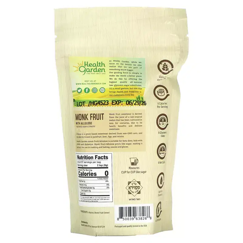 Health Garden Monk Fruit With Allulose, 16 oz (454 g)