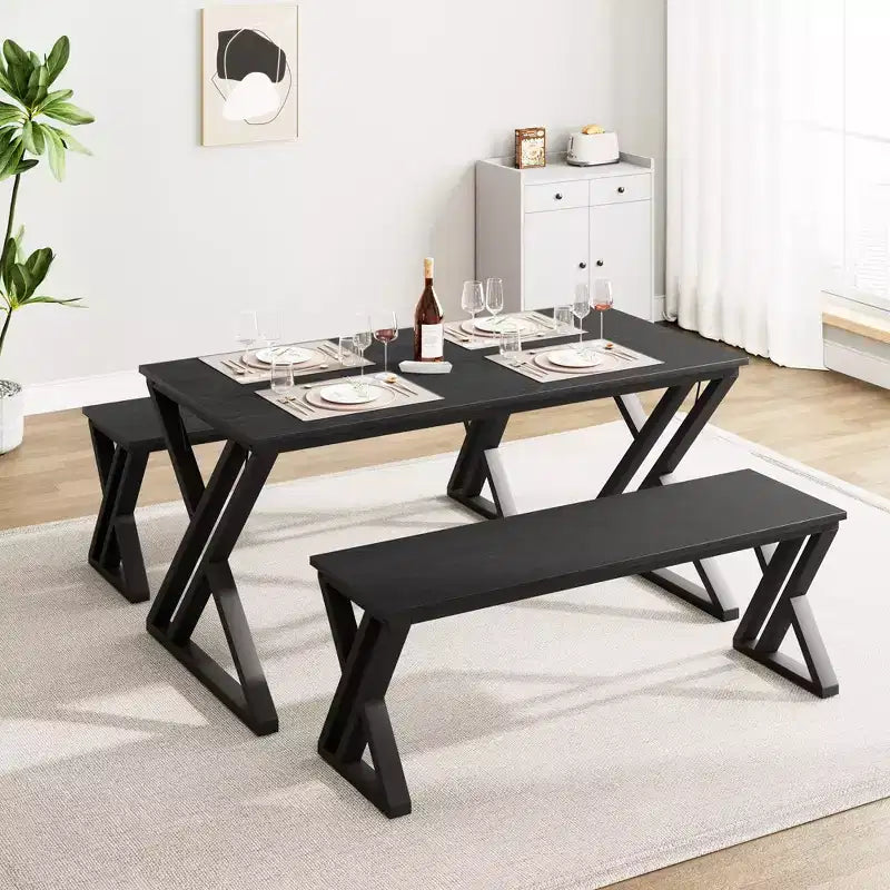 Dining Table Set for 4, Kitchen Table with Sturdy Metal Frame, Rectangular Dining Room Table Set with 2 Benches, Saving Space for Kitchen, Dining Room