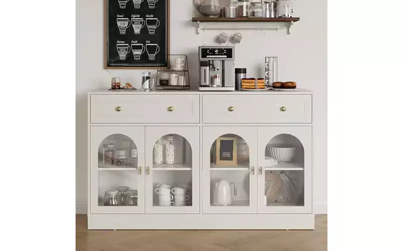 Sideboard, Sideboard with Adjustable Shelves & 4 Doors, Kitchen Storage Sideboards with 2 Drawers, Wood Coffee Bar Table, White
