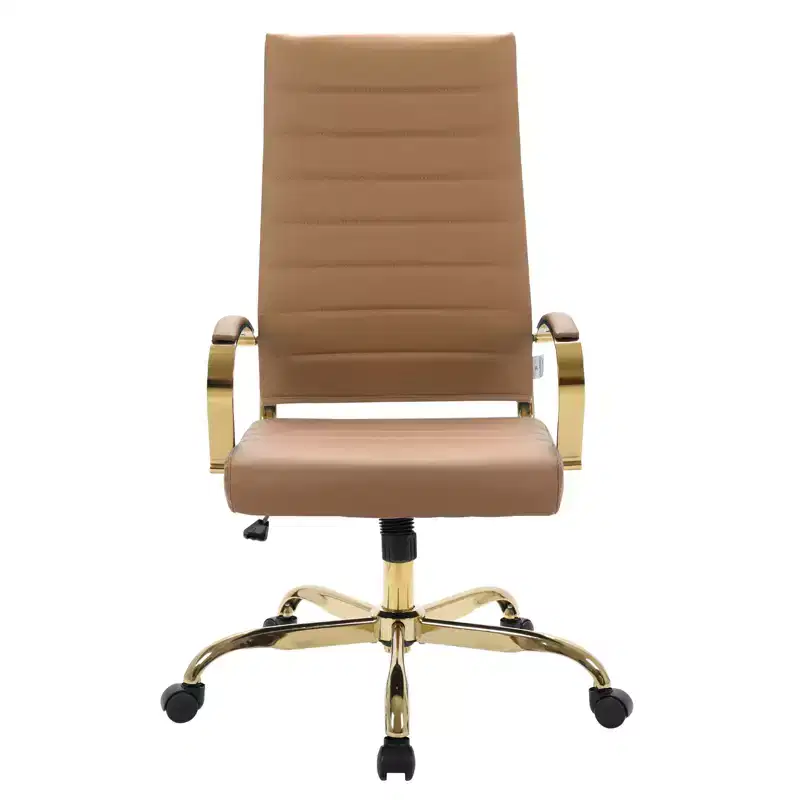LeisureMod Benmar High-Back Ribbed Leather Office Chair - Modern Swivel & Tilt Executive Desk Chair - Gold Base