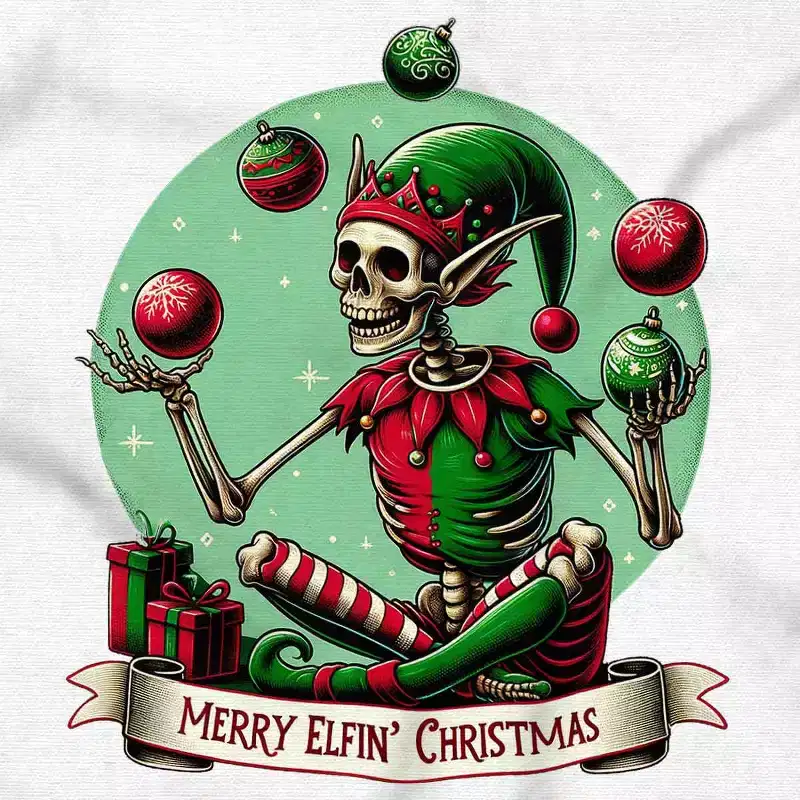 Christmas Skeleton Juggling Elf Graphic T Shirt Men or Women Brisco Brands