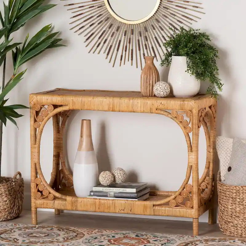 Modern Bohemian Light Honey Rattan Console Table