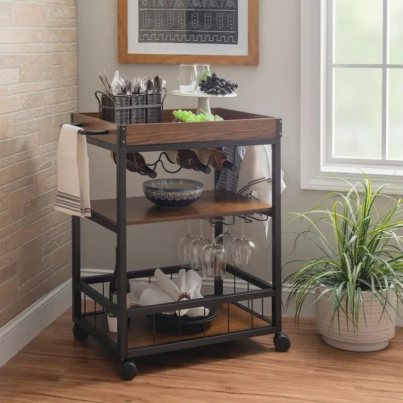 Industrial Rolling Kitchen & Wine Cart with 3 Shelves