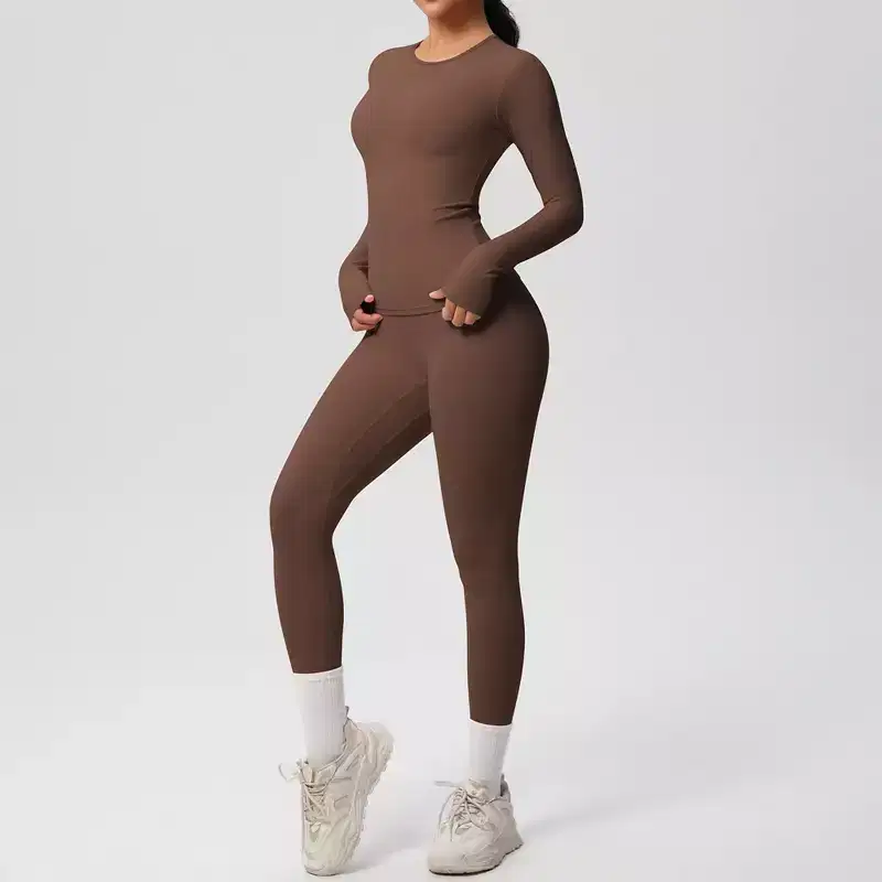 Anna-Kaci Active Women's Long Sleeve Crew Neck Top and High Waist Leggings Set with Slim Fit Design