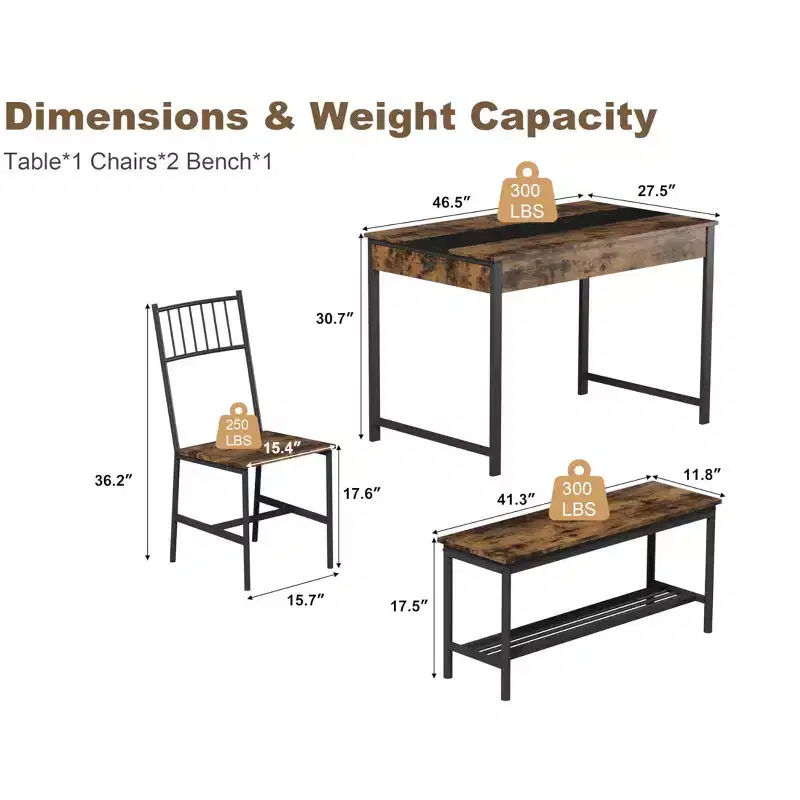 Small Kitchen Table and 2 Chairs for 4 with Bench, Space Saving Kitchen Table Set with Storage Rack and Drawers