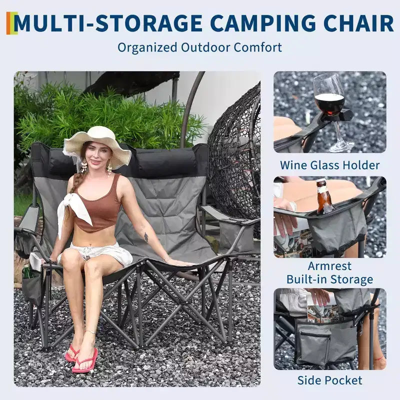 Camping Chair for 2 Adults Heavy Duty Folding Outdoor Loveseat, High Back Support, Padded Seat, Headrest, Cooler Pouch, Cup Holders, 700 lbs Capacity