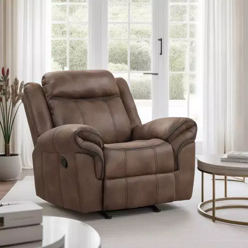 Manual Glider Recliner Chair, Brown Faux Leather, Pillow Arms