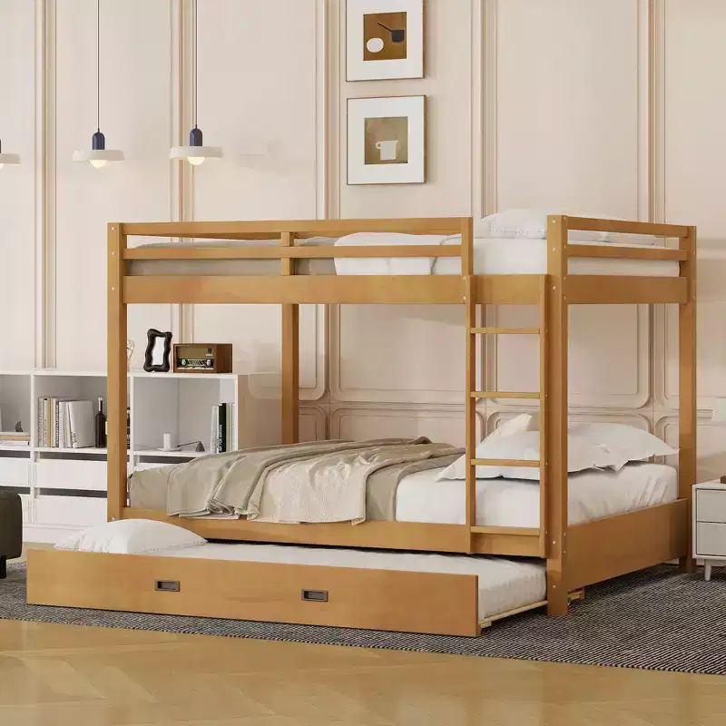 White/Natural Queen Bunk Bed with Ladder & Twin XL Trundle, Sleeps 3