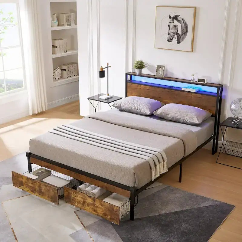 Metal Platform Bed Frame with LED Lights, Wooden Headboard, Storage Drawers, Brown Black