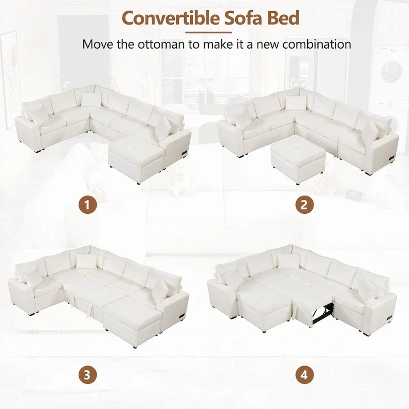 Chenille Sectional Sofa Pull-out Sofa Bed, L-Shape Sleeper Sofa with Storage Ottoman, 3 Pillows and Charging Devices