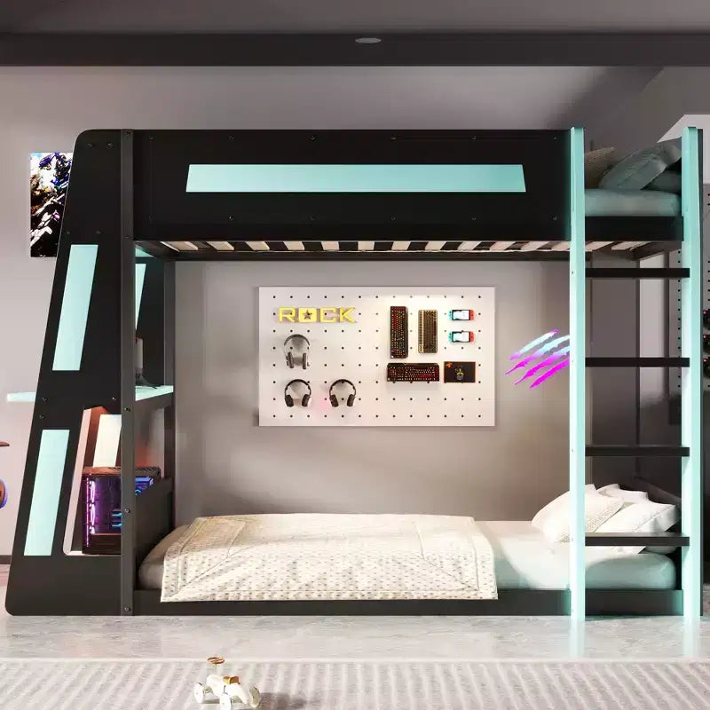 Twin/Full/Queen Gaming Bunk Bed with Built-In Desk, USB Port, LED Lights & Storage Shelves